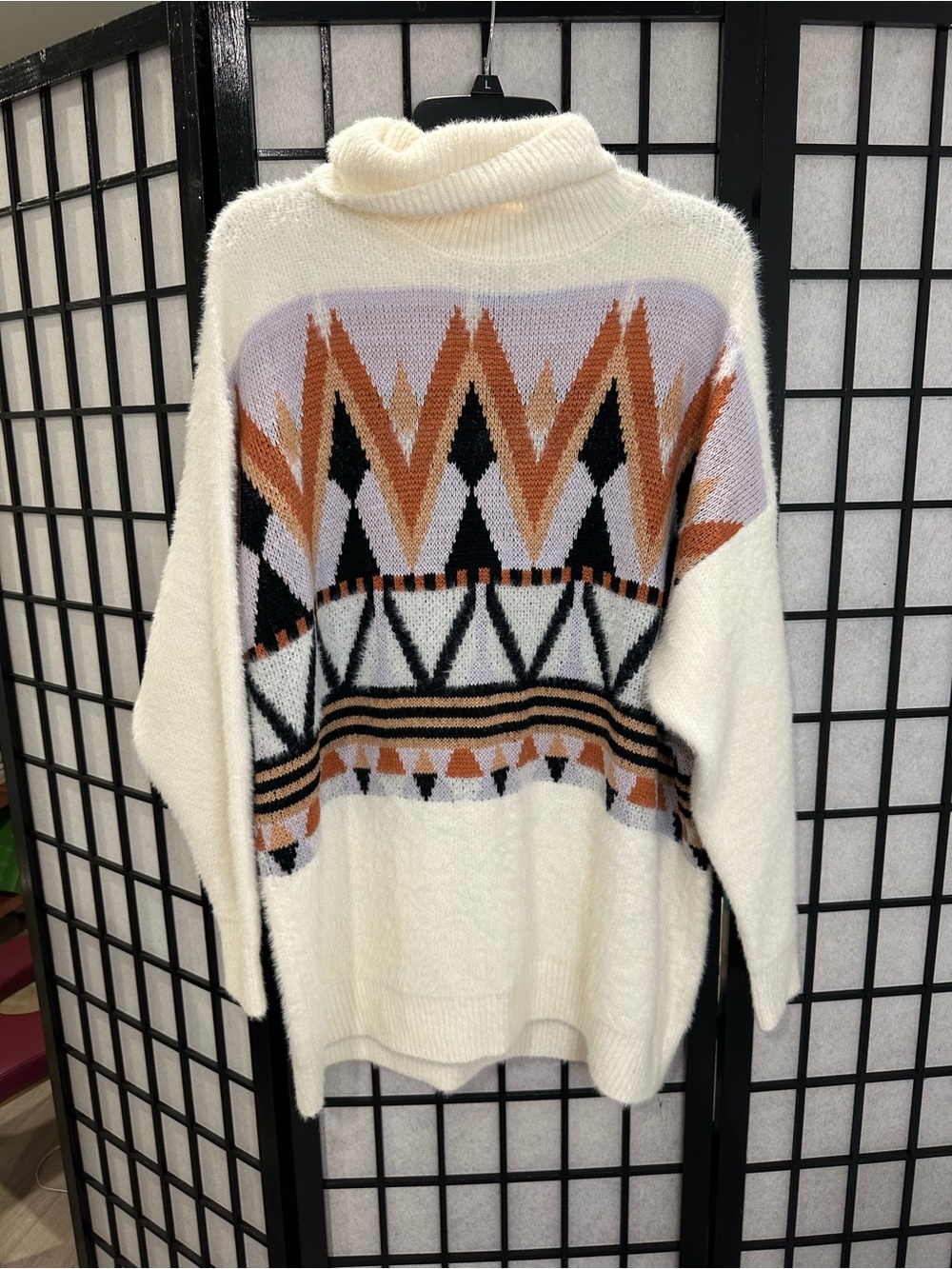 Forever 21 Ivory Turtleneck Sweater with Rust & Black Aztec Pattern
